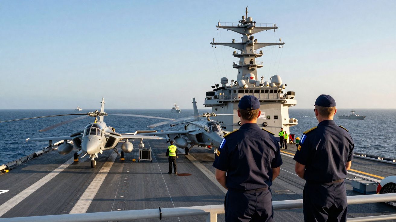 Dois marinheiros em uniforme observam um porta-aviões com dois helicópteros e várias embarcações no mar.
