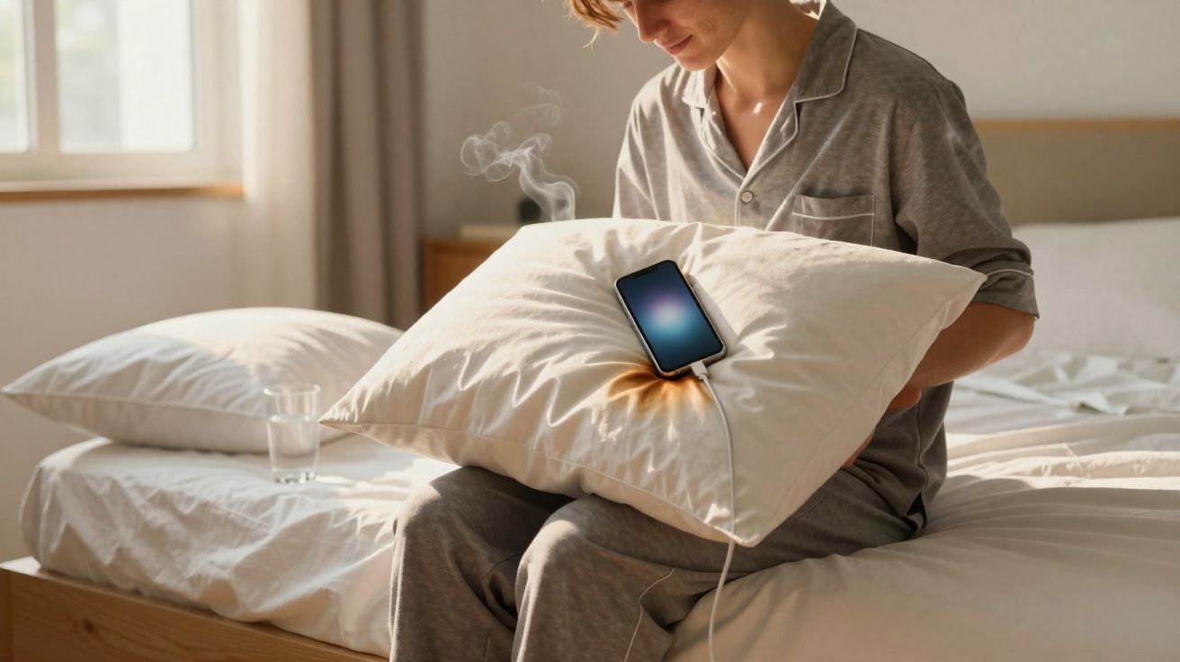 Pessoa sentada na cama segura almofada com telemóvel a arder e a soltar fumo.