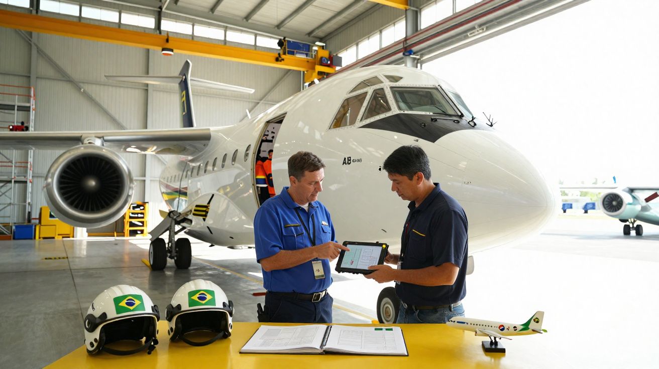 Dois técnicos a analisar documento num tablet junto a jato branco numa hangar, com capacetes e maquete na mesa amarela.