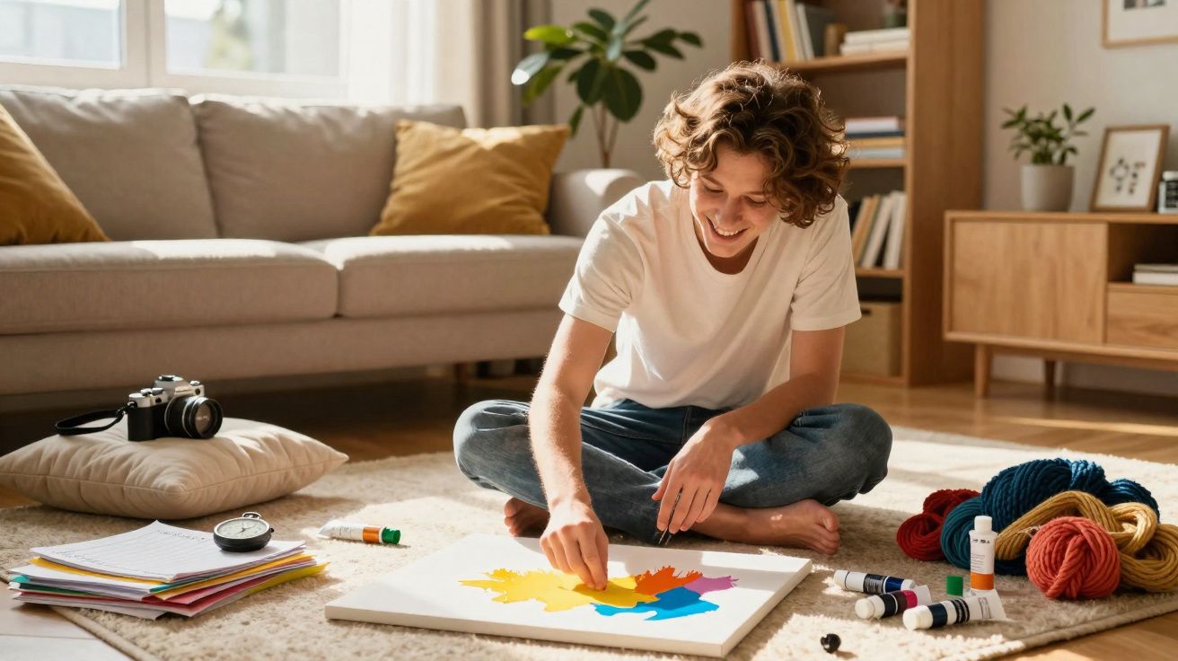 Adolescente pintando sentado no chão de uma sala iluminada e decorada com almofadas e plantas.