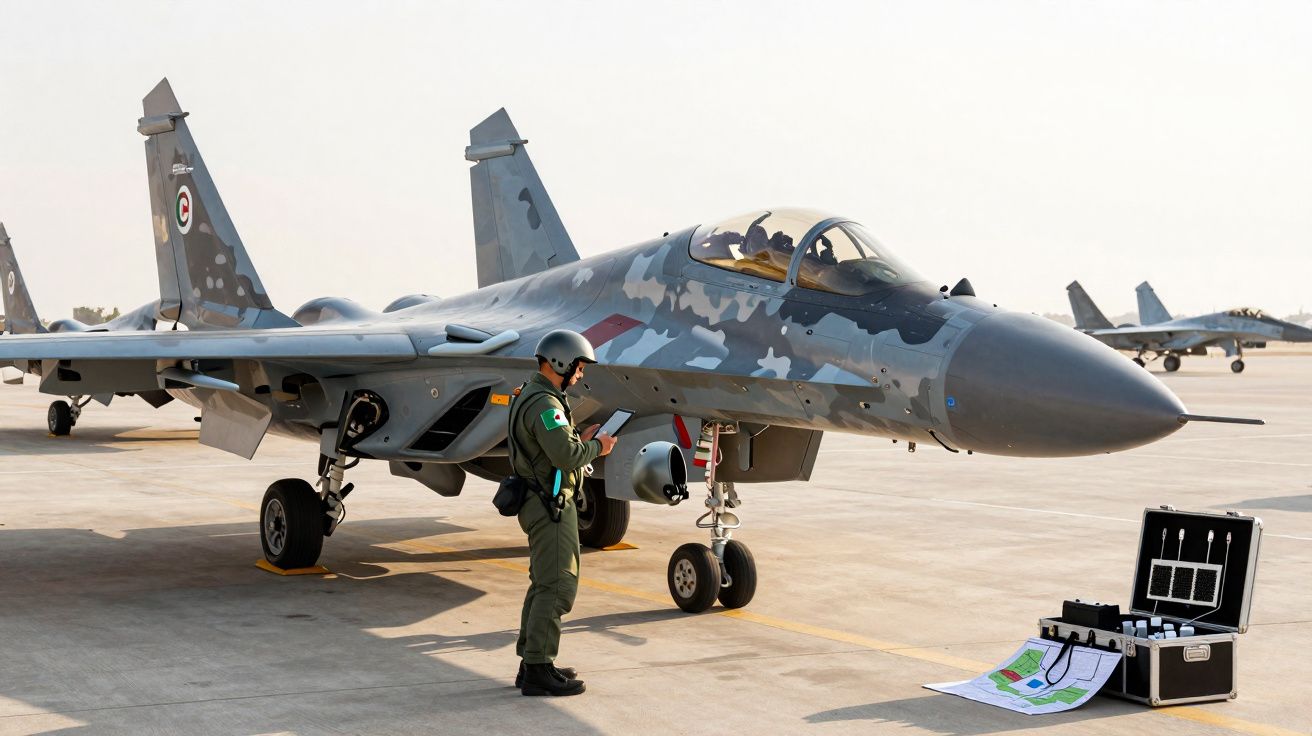 Caça militar cinza em camuflagem estático no aeroporto com piloto em uniforme e capacete junto a equipamento técnico.