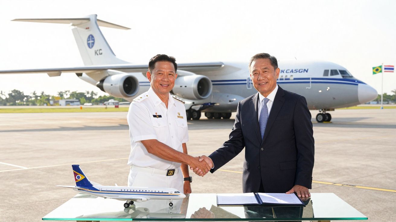 Dois homens apertam as mãos em frente a uma mesa com miniatura de avião, com aeronave maior e bandeiras ao fundo.