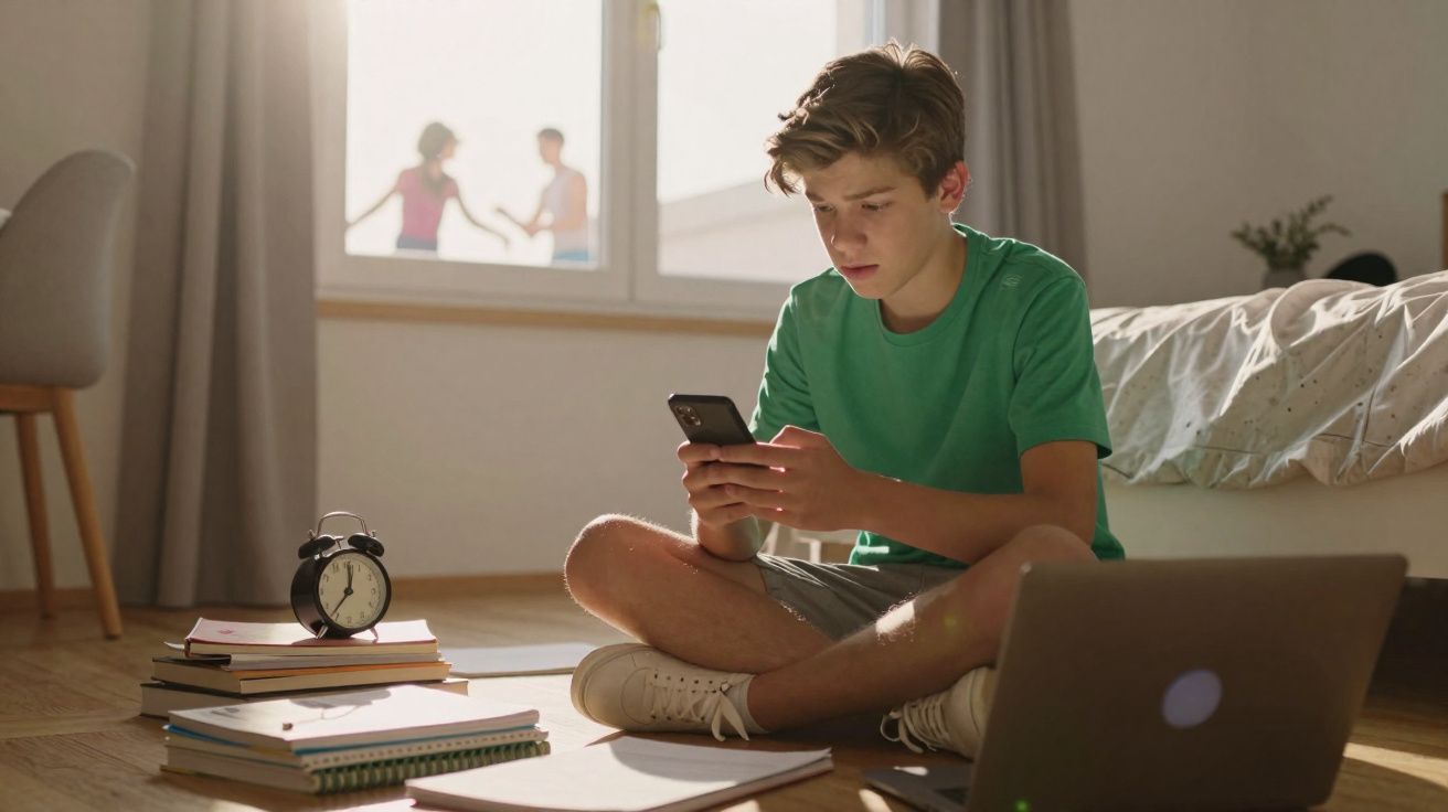 Rapaz sentado no chão do quarto a usar telemóvel, com livros, despertador e computador à sua volta.