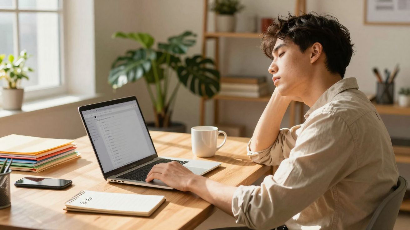 Jovem cansado sentado a trabalhar no computador portátil numa mesa com materiais de escritório e luz natural.