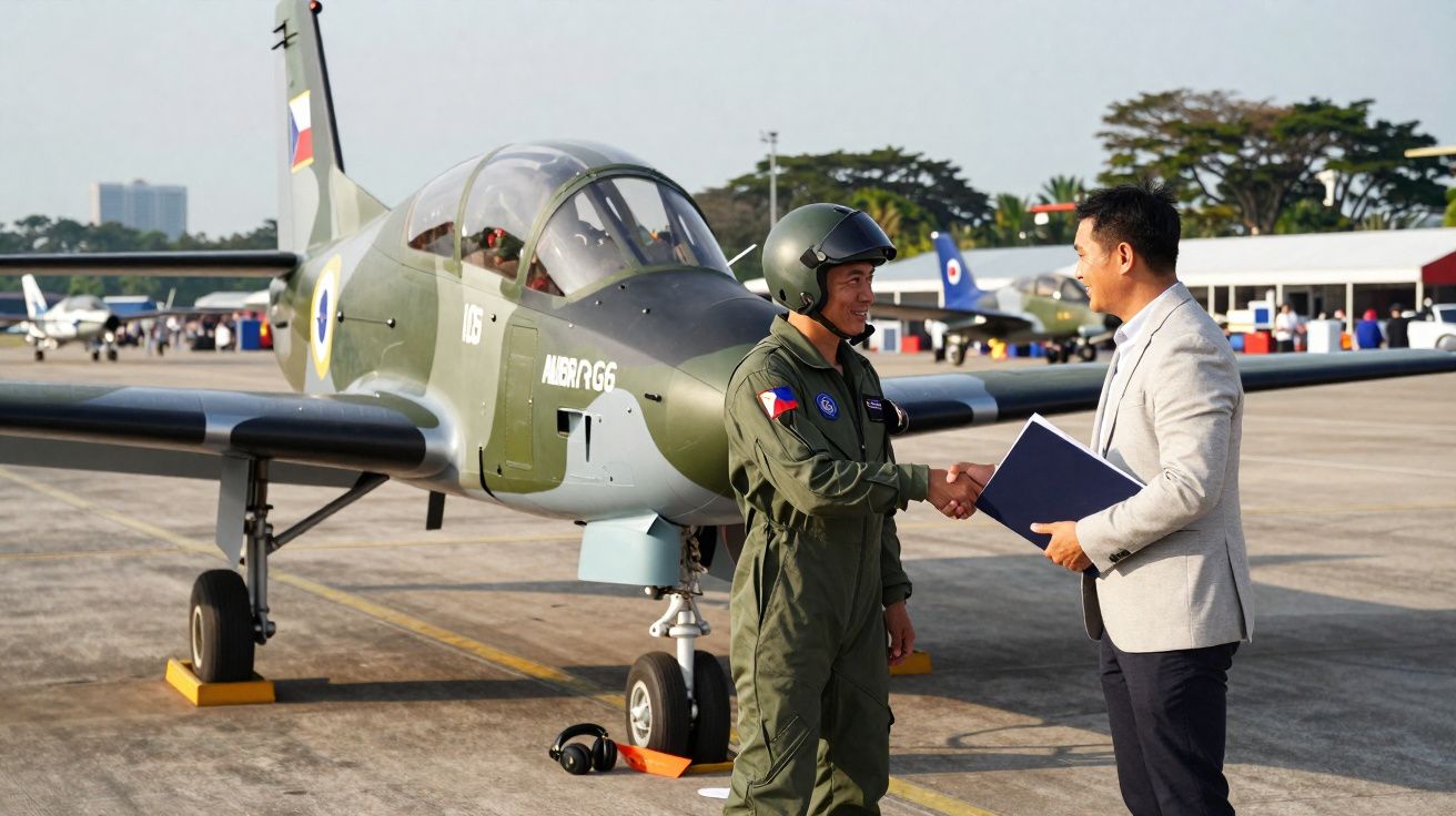 Piloto militar em fato de voo cumprimenta homem de fato junto a avião militar estacionado no aeroporto.