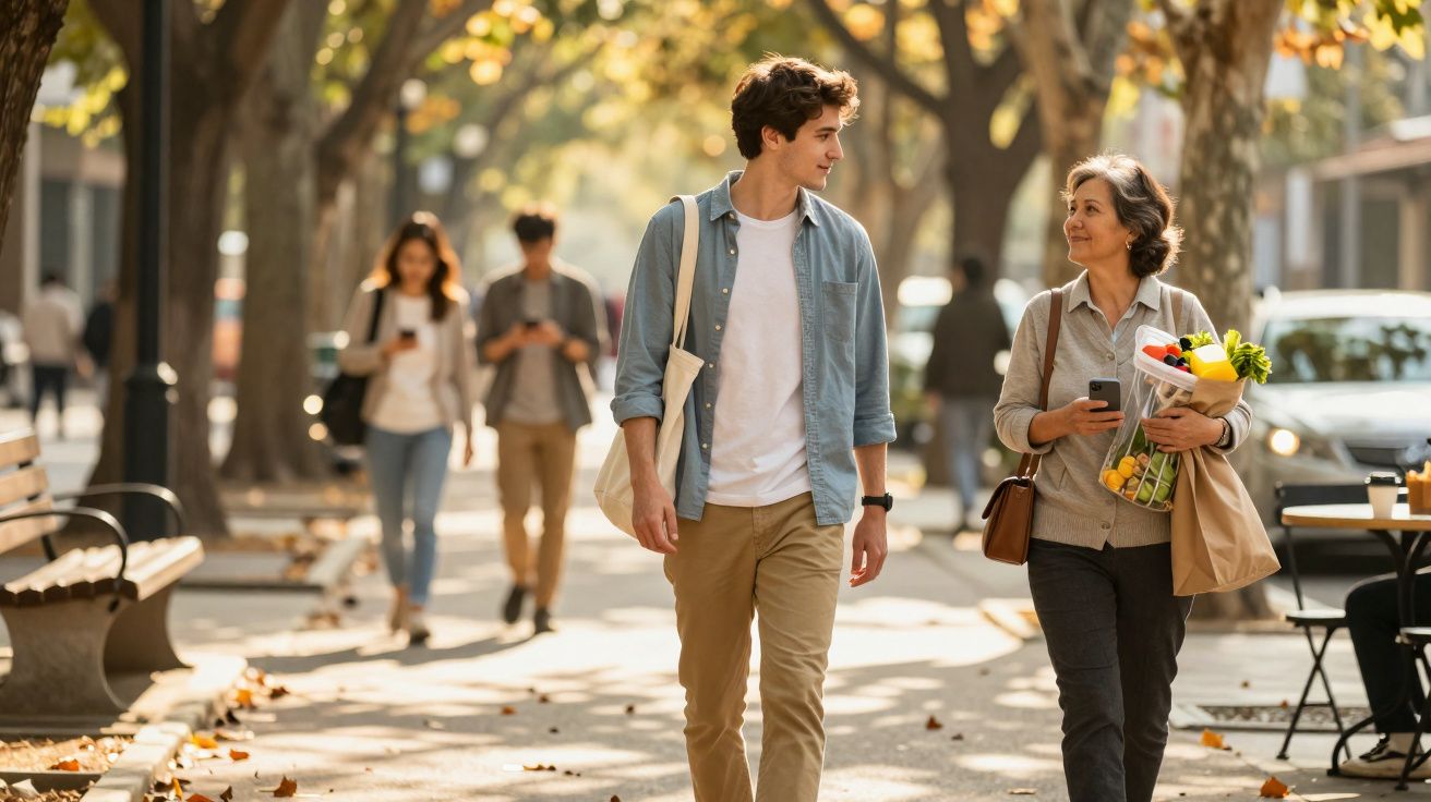 Jovem e mulher caminham numa rua de cidade com árvores, a conversar e segurando compras e telemóvel.