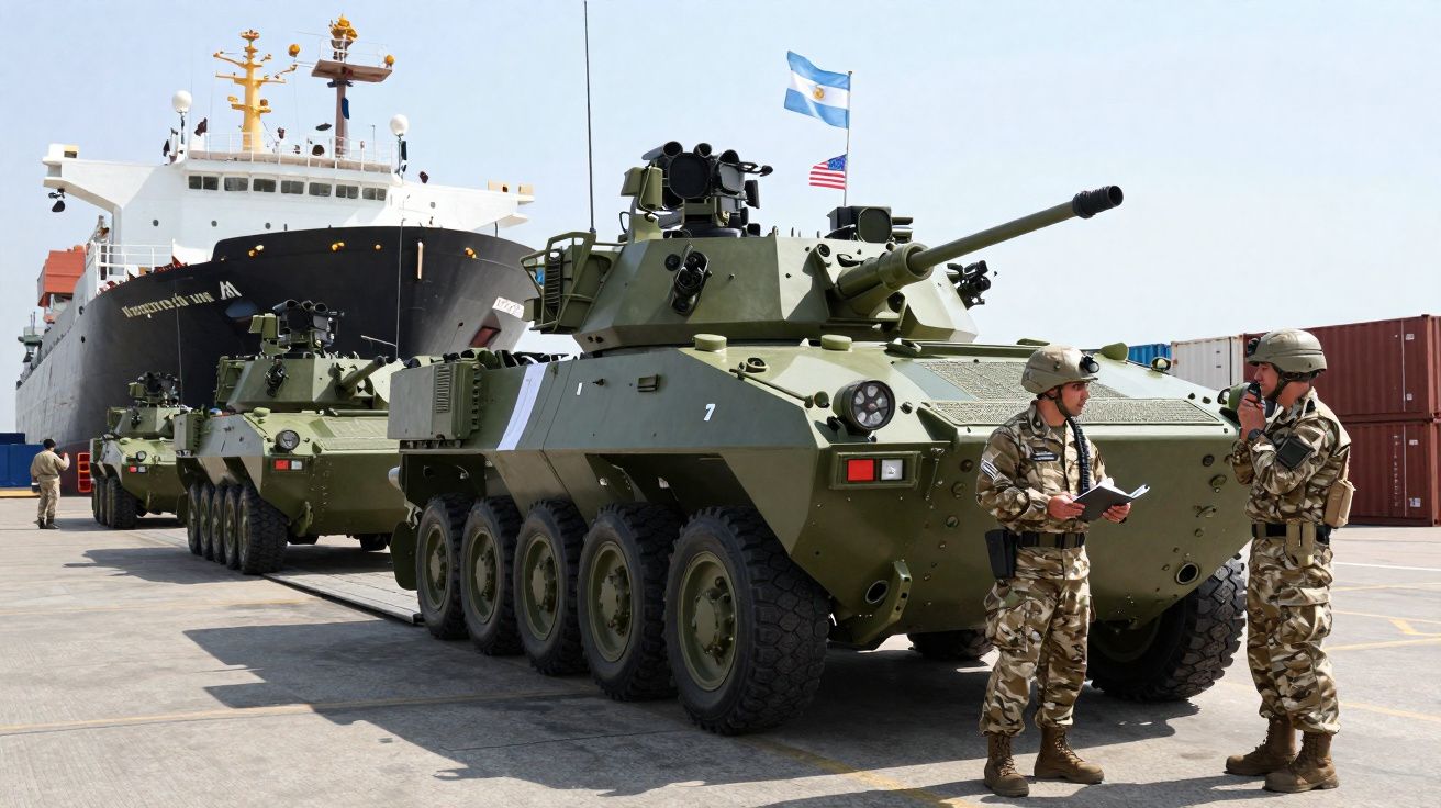Veículos militares e dois soldados em uniforme camuflado perto de navio cargueiro num porto com bandeiras da Argentina e EUA.