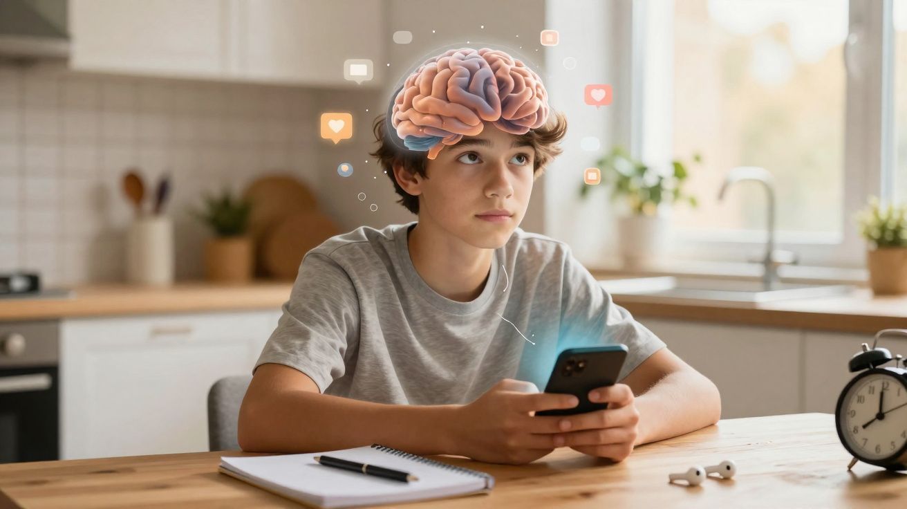 Adolescente sentado à mesa com telemóvel, notebook e ilustração de cérebro sobre a cabeça simbolizando pensamentos.
