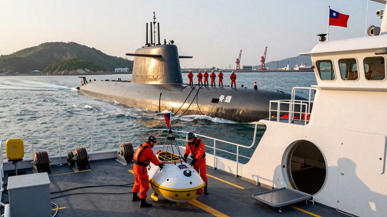 Submarino taiwanês em mar aberto com tripulação em uniforme laranja a preparar equipamento a bordo de navio.