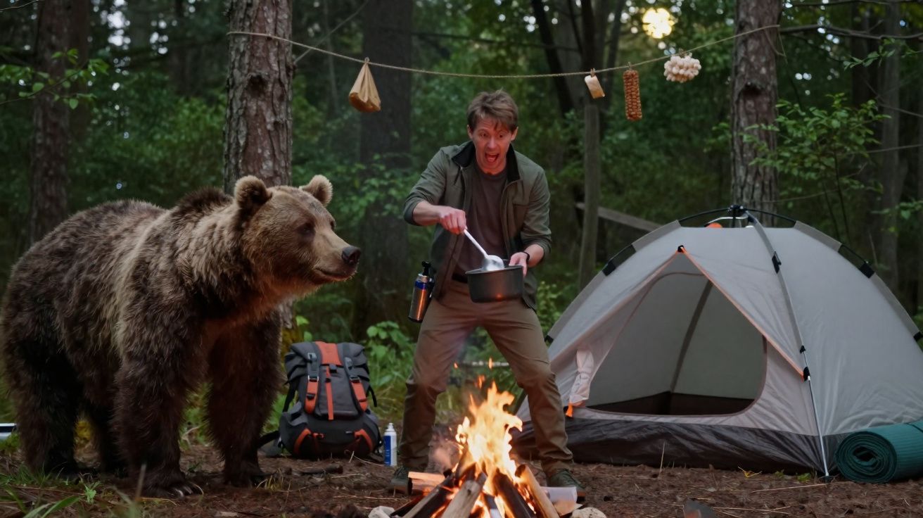 Homem assusta-se com urso enquanto cozinha próximo a fogueira em acampamento na floresta.