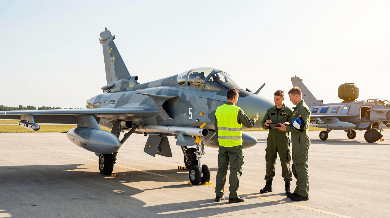 Três militares em uniforme junto a um caça militar estacionado numa pista de aeroporto ao pôr do sol.