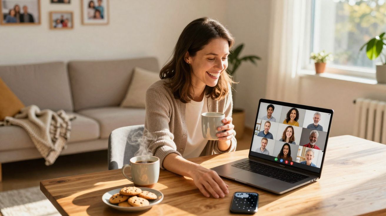 Mulher sorridente a beber chá durante videoconferência com nove pessoas num ambiente acolhedor.