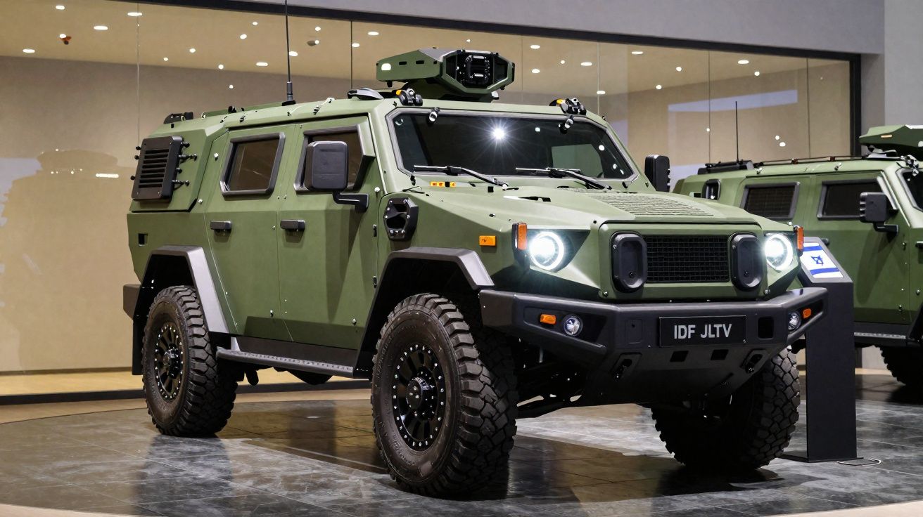 Veículo militar blindado verde com faróis acesos exposto em salão de exposições.