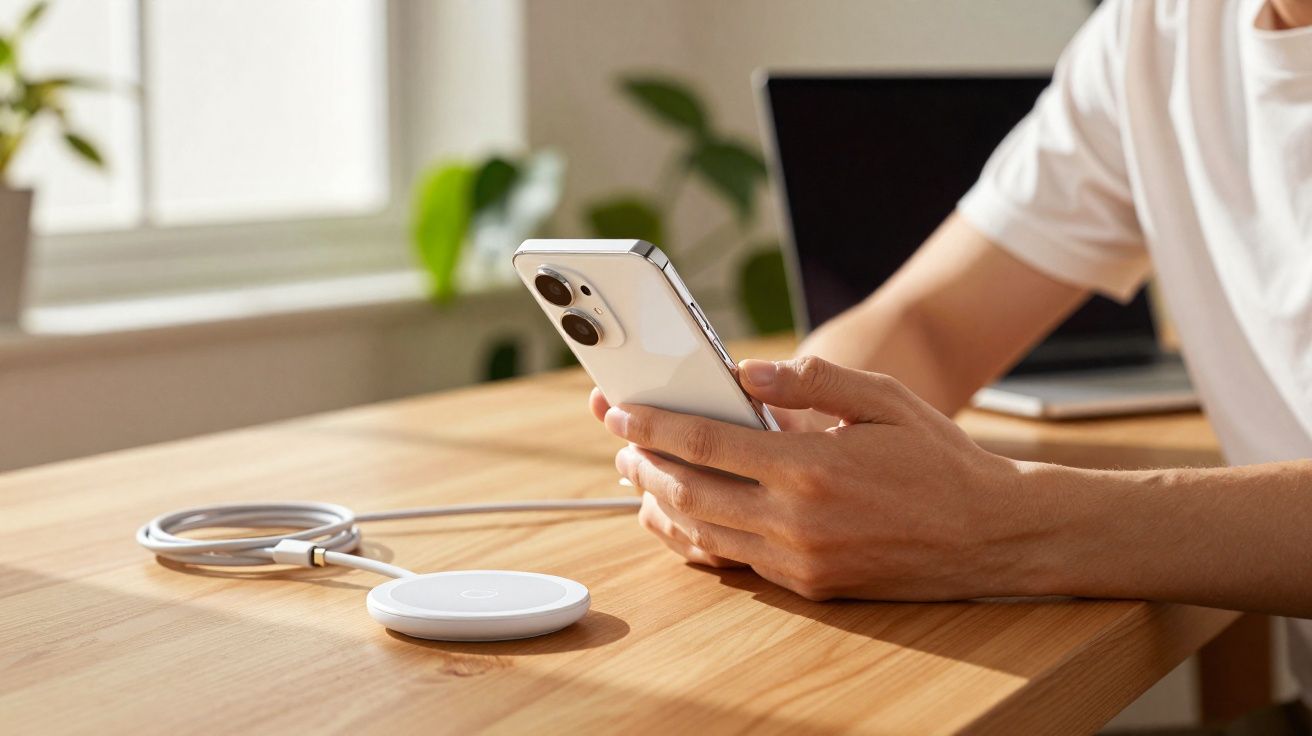 Pessoa segurando telemóvel branco junto a carregador sem fios sobre mesa de madeira próxima a portátil.