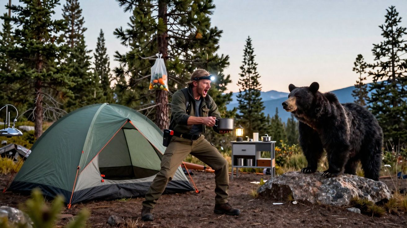 Campista com lanterna na cabeça enfrenta urso perto da tenda numa floresta ao entardecer.