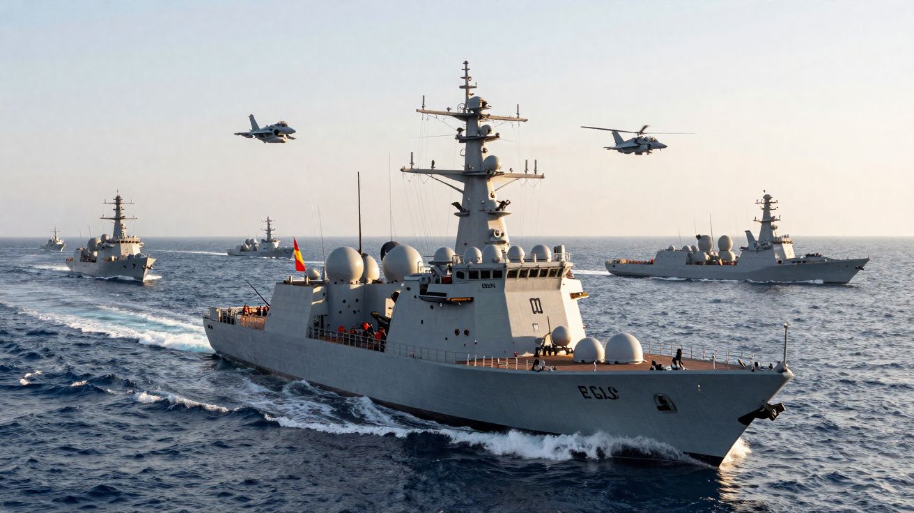 Fragatas de guerra em mar aberto com dois aviões militares a sobrevoar acima em dia claro.