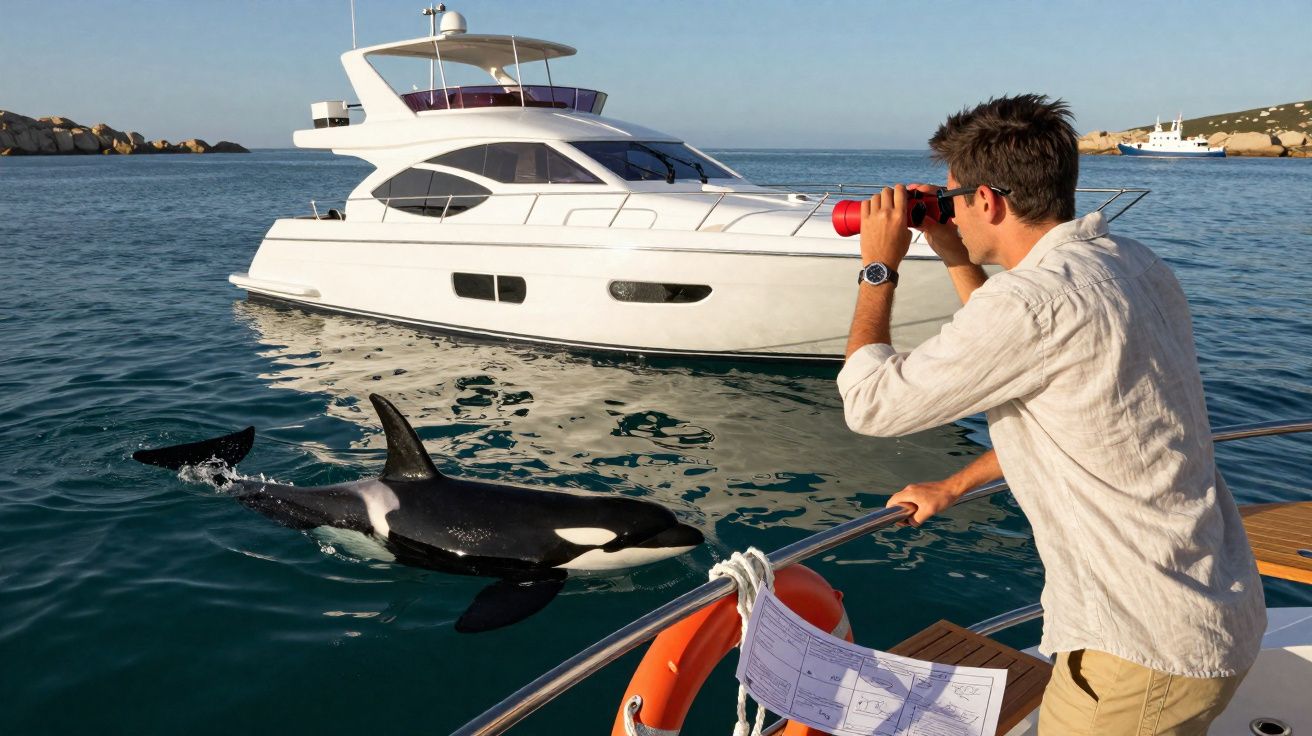 Homem observa orca nadando perto de iates num mar calmo com binóculos vermelhos.