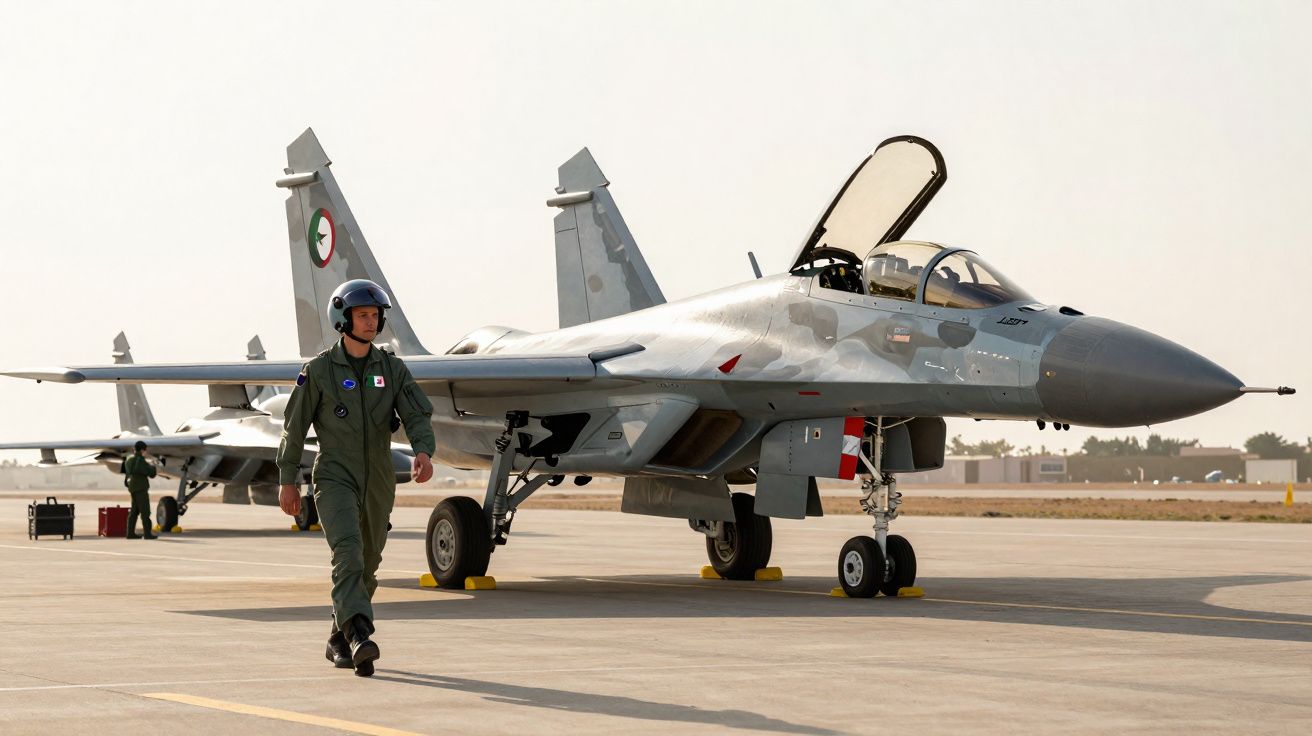 Caça militar estacionado em pista com piloto de uniforme verde e capacete a andar na frente, céu nublado claro.
