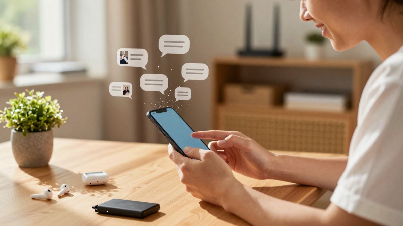 Pessoa a usar smartphone numa mesa de madeira com ícones de mensagens a surgir no ecrã.
