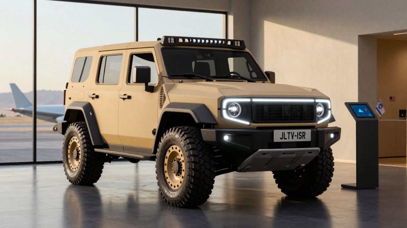 Veículo todo-o-terreno elétrico com luzes LED quadradas, pneus grandes e decoração em bege, numa sala com janelas amplas.