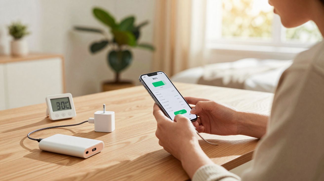 Pessoa a carregar telemóvel com power bank numa mesa de madeira, com relógio digital e planta ao fundo.