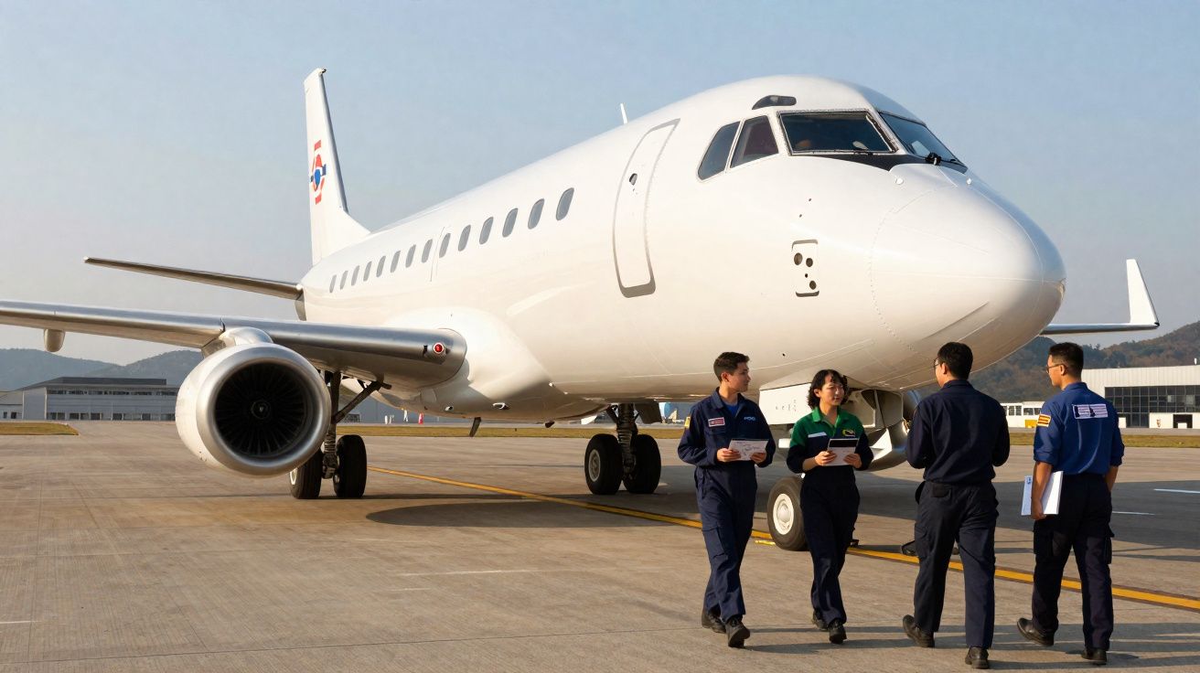 Avião branco estacionado num aeroporto com quatro técnicos em uniforme a conversarem junto à roda dianteira.