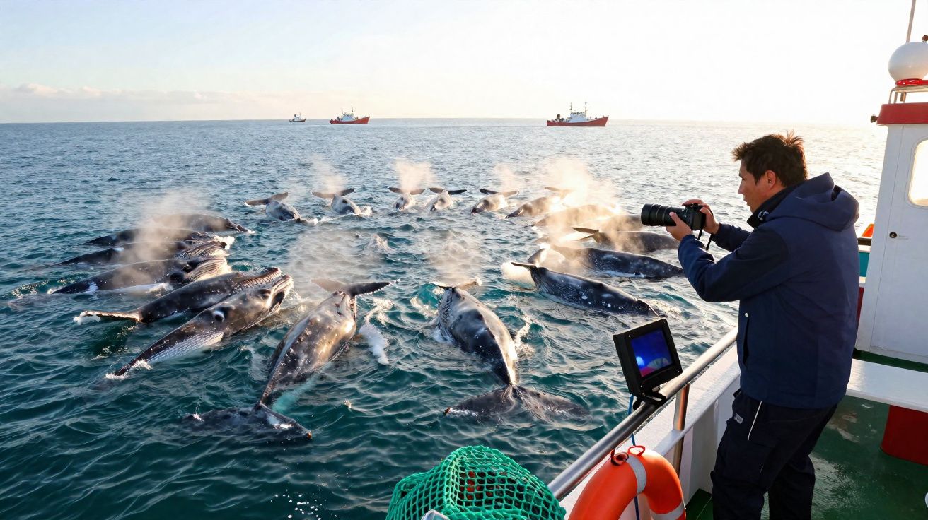 Fotógrafo numa embarcação a tirar fotos a grupo de baleias que emergem no mar agitado ao pôr do sol.