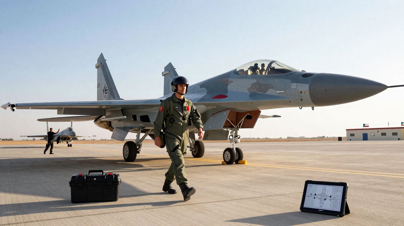 Piloto militar a caminhar junto a um caça estacionado numa base aérea sob céu limpo.