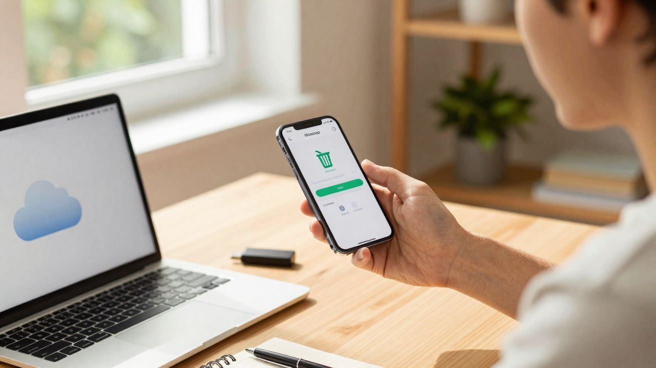 Pessoa a segurar telemóvel com ícone de reciclagem na ecrã, ao lado de computador portátil aberto sobre mesa de madeira.