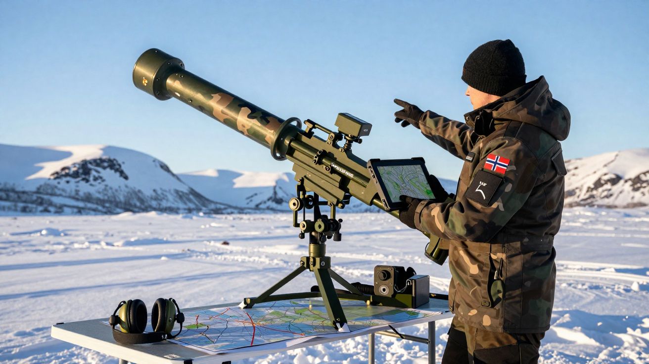 Soldado vestido com farda camuflada e gorro preto opera equipamento militar em ambiente nevado com montanhas ao fundo.