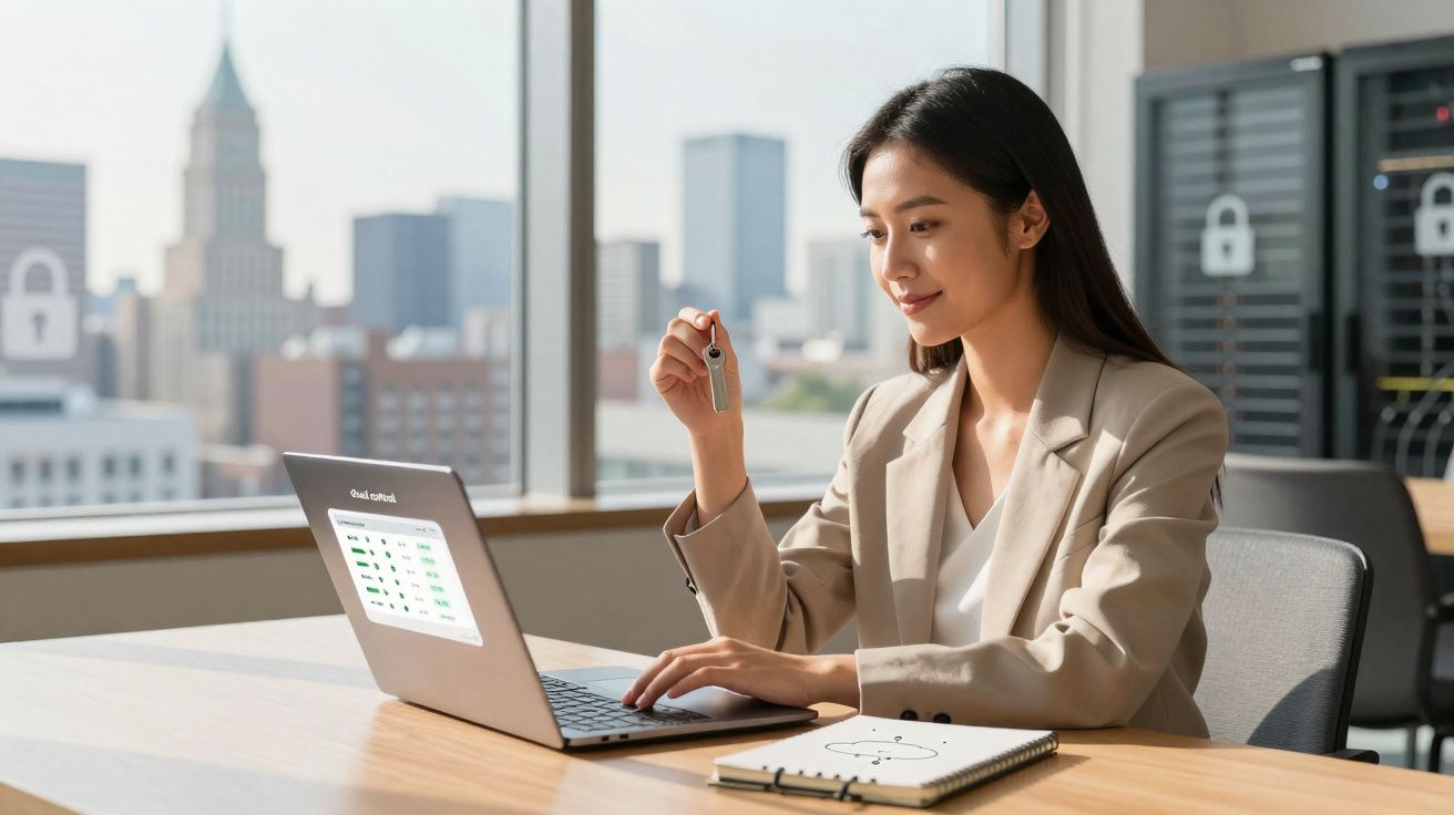 Mulher sentada numa mesa de escritório a usar computador portátil e segurando uma pen USB.