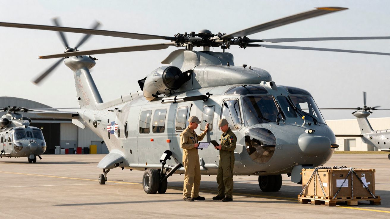 Helicóptero militar cinzento estacionado com dois pilotos a discutir documentos na pista de um aeroporto.