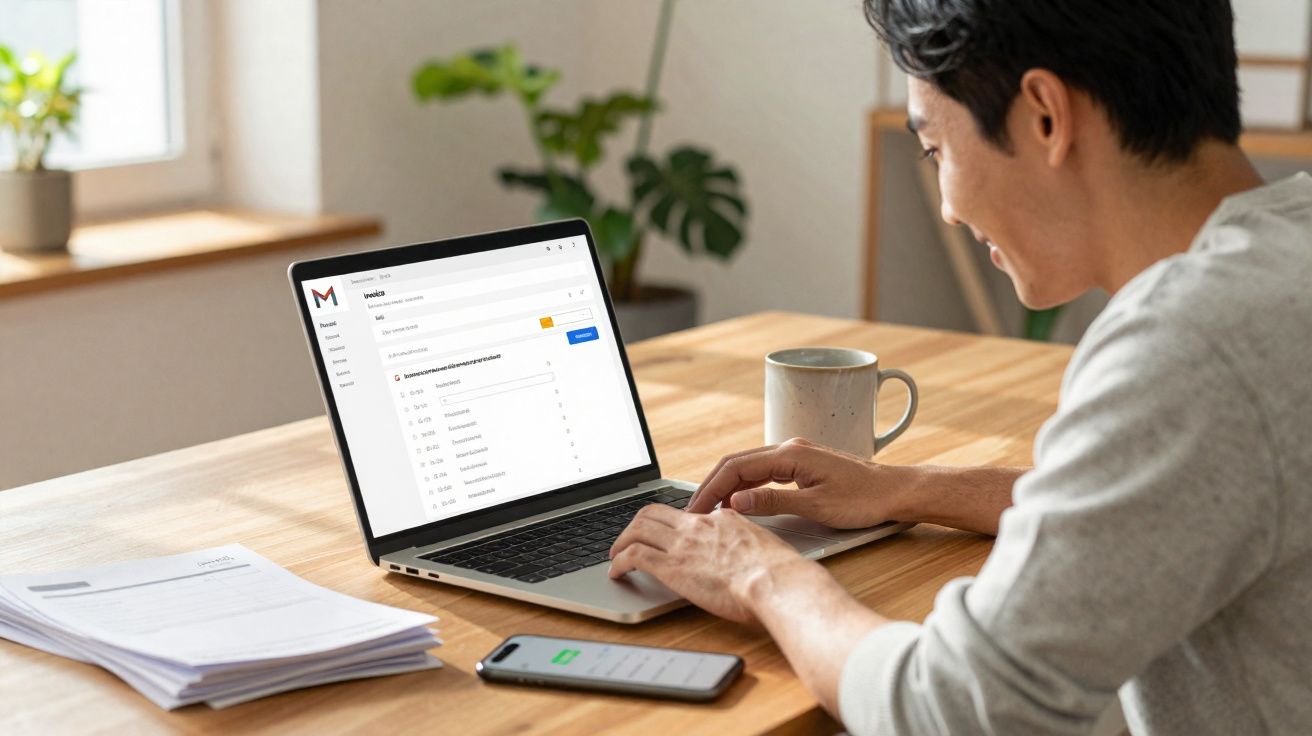Homem a trabalhar num portátil com aplicação de e-mail aberta, numa mesa com telemóvel, caneca e pilha de papéis.