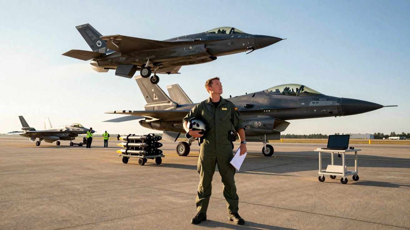 Piloto militar de uniforme verde com capacete na mão em pista com dois caças F-16 e outro em voo.