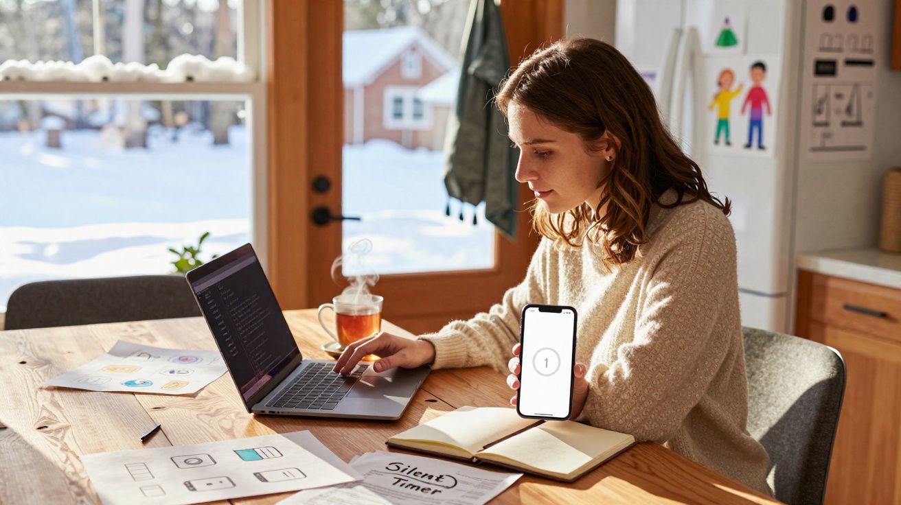 Mulher sentada a trabalhar no portátil, segura telemóvel com cronómetro na mesa com documentos e chá.