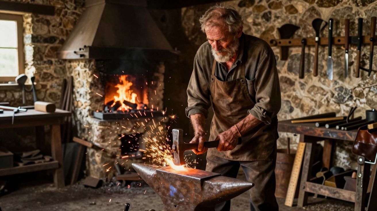 Ferreiro idoso a trabalhar metal em bigorna com fornalha acesa em oficina rústica de pedra.