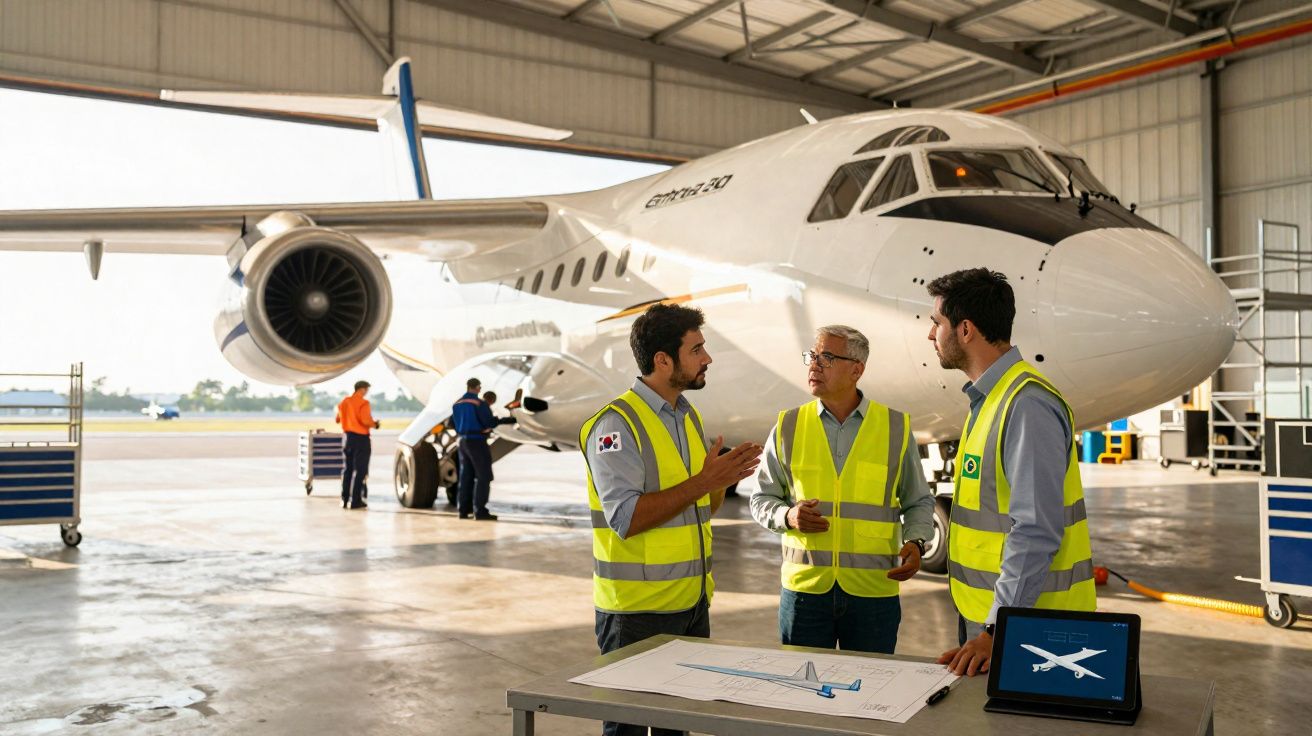 Três técnicos com coletes de segurança discutem planos junto a um avião num hangar de manutenção aérea.