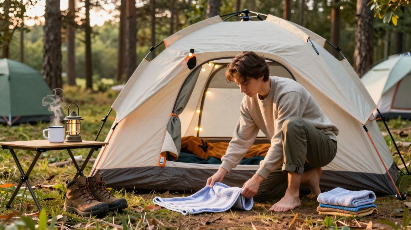 Jovem arruma toalha em acampamento com tenda branca, botas, máquina portátil e mesa com chá quente.