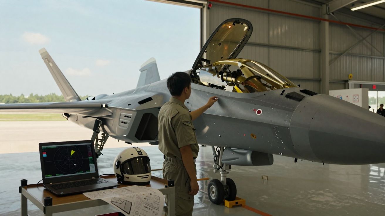 Homem em uniforme observa minuto jato militar cinza com cabine aberta numa oficina aeronáutica.