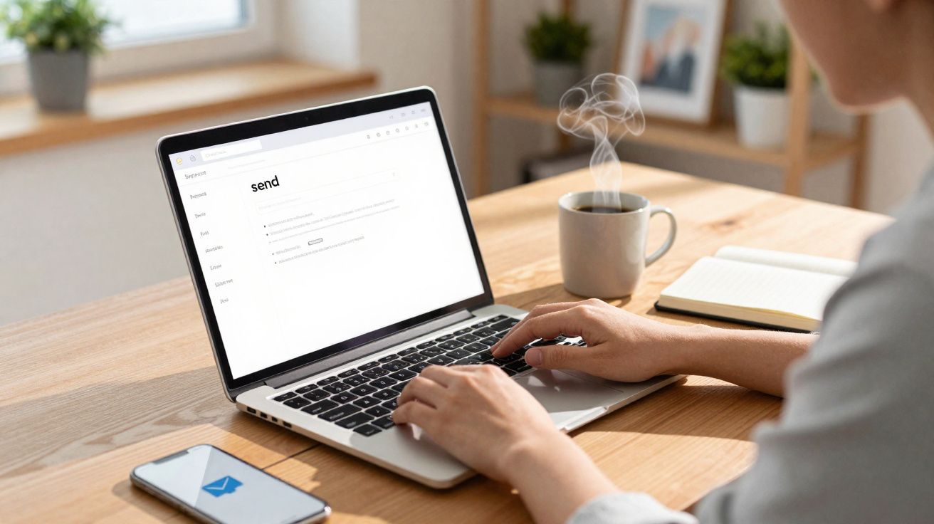 Pessoa a usar portátil numa mesa de madeira, com chá a vapor e telemóvel ao lado.