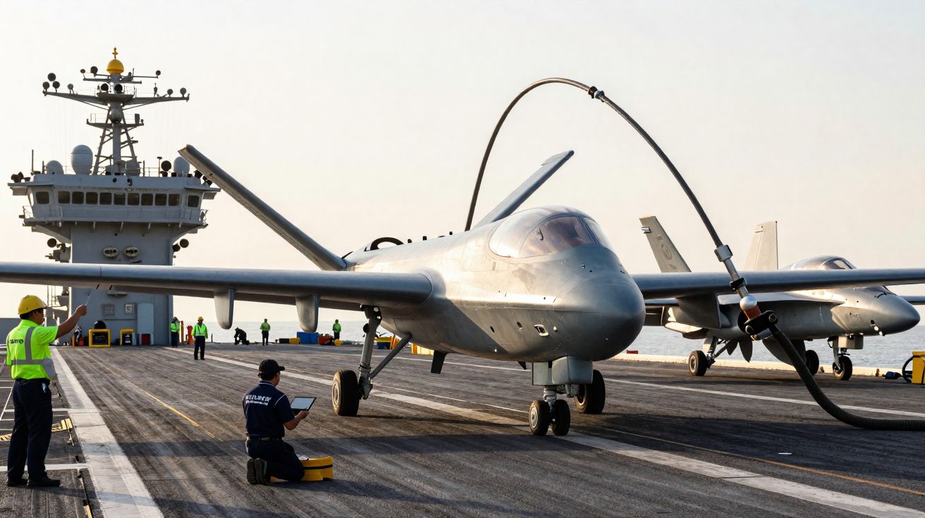 Aeronave militar não tripulada a ser abastecida num porta-aviões com várias pessoas na plataforma de voo.