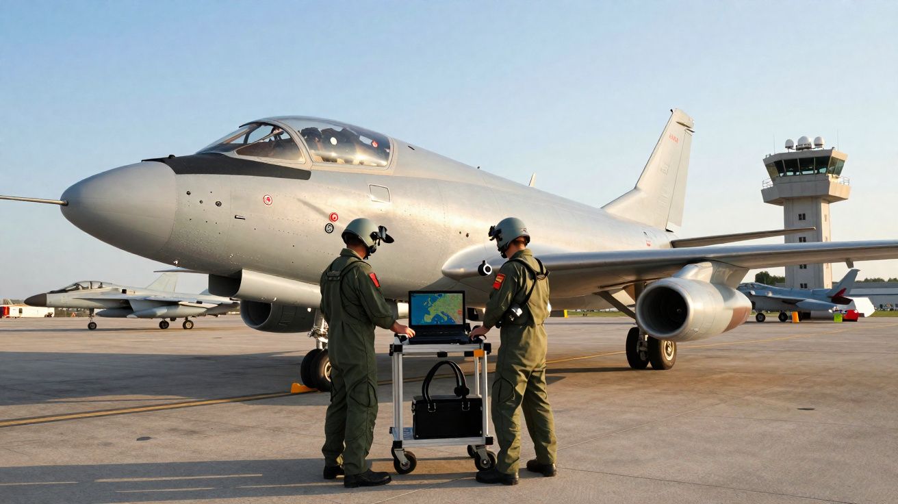 Dois militares com fato de voo verificam o ecrã de um computador junto a um avião militar estacionado no aeroporto.