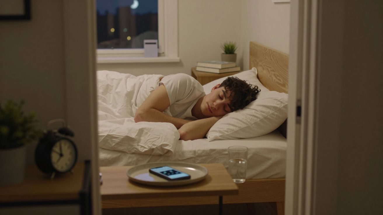 Homem a dormir na cama de um quarto com janela aberta ao anoitecer, telemóvel numa mesa ao lado.