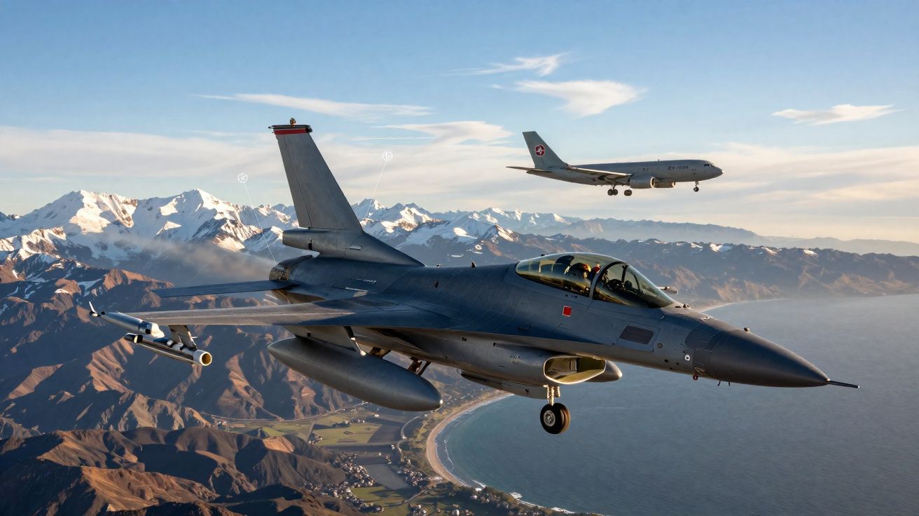 Avião militar F-16 em voo com avião comercial atrás, montanhas e costa ao fundo.