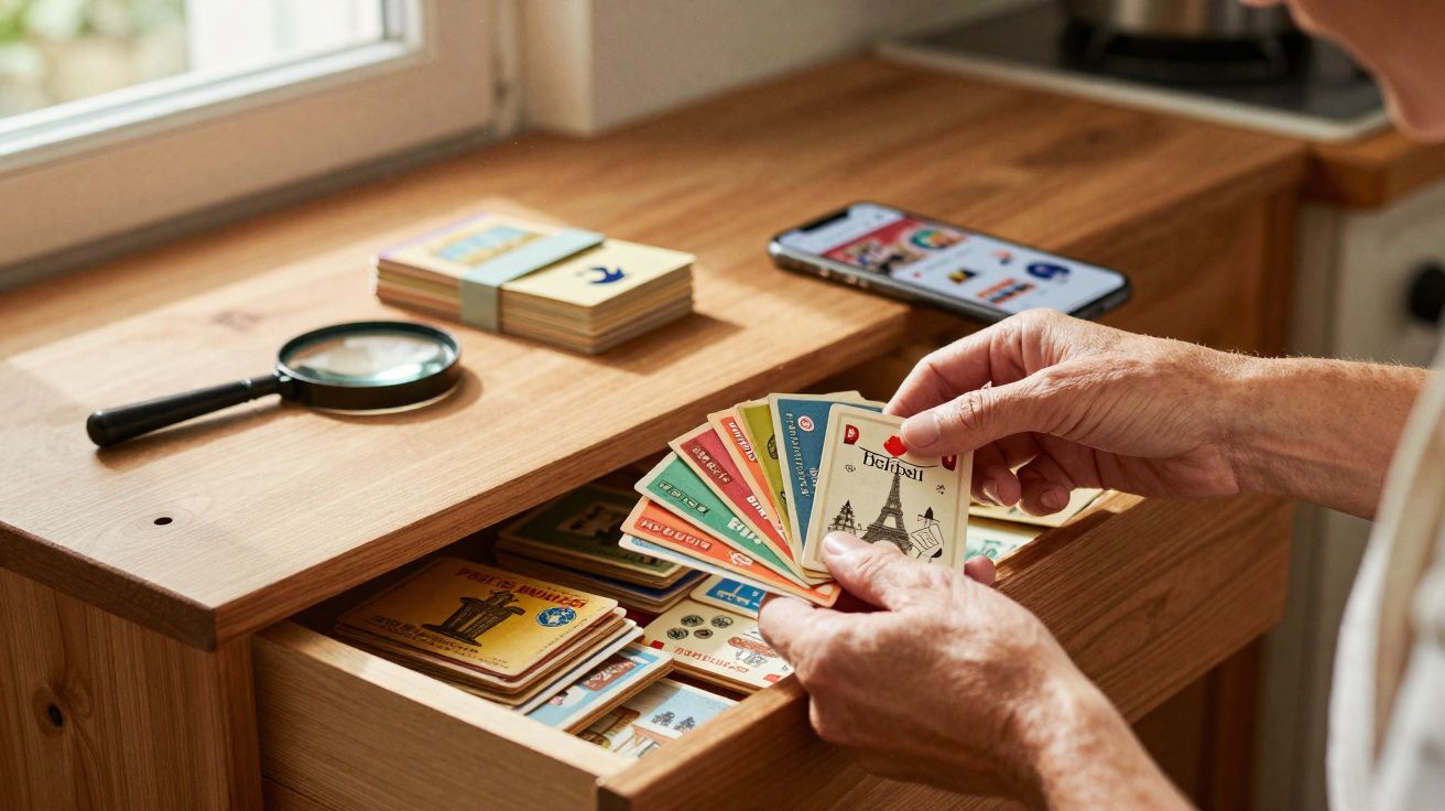 Mãos a organizar cartas coloridas com ilustrações sobre a Europa, numa gaveta de madeira, ao lado de uma lupa e um telemóvel.