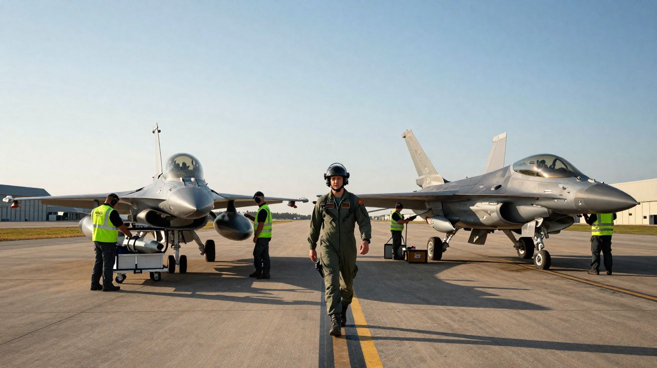 Piloto militar a caminhar na pista com dois caças estacionados e técnicos a trabalhar no aeroporto sob céu limpo.
