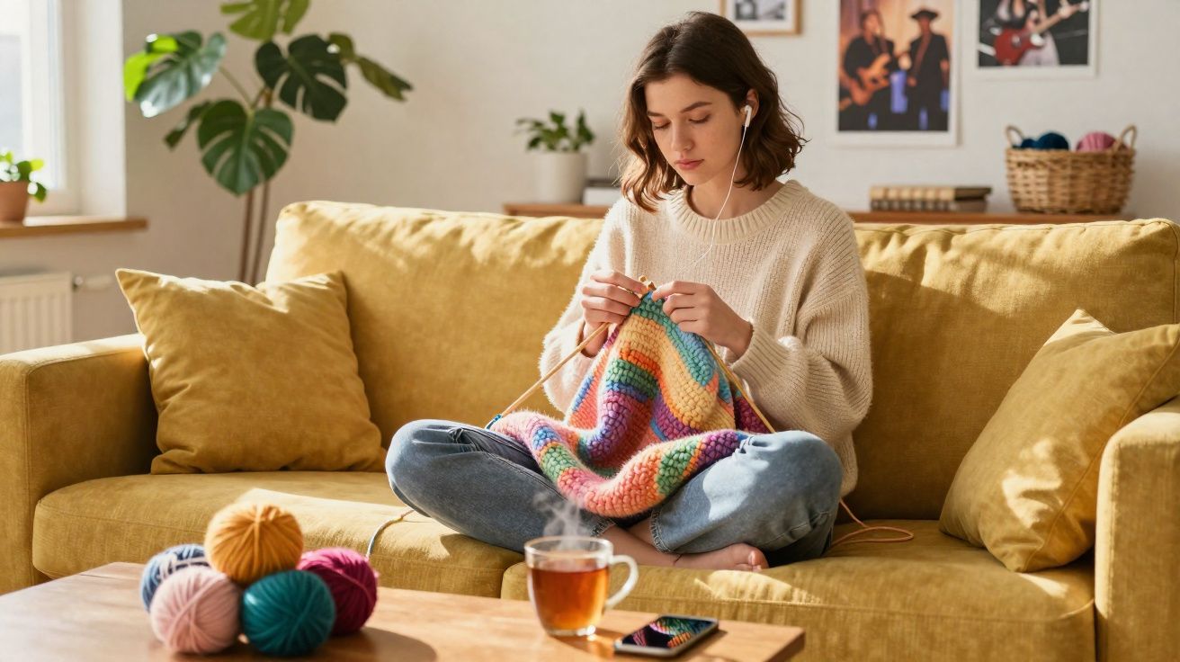Mulher sentada no sofá a fazer tricô de manta colorida, com auscultadores e chá na mesa.