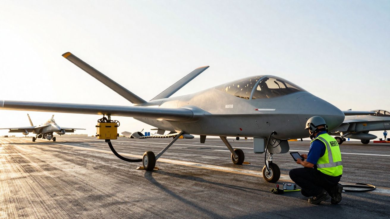Aeronave militar não tripulada cinzenta com técnico de segurança a inspecioná-la numa pista de voo ao pôr do sol.