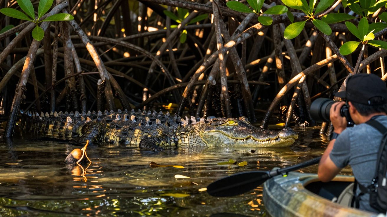 Crocodilo na água junto a raízes de mangue, enquanto fotógrafo o observa em caiaque.