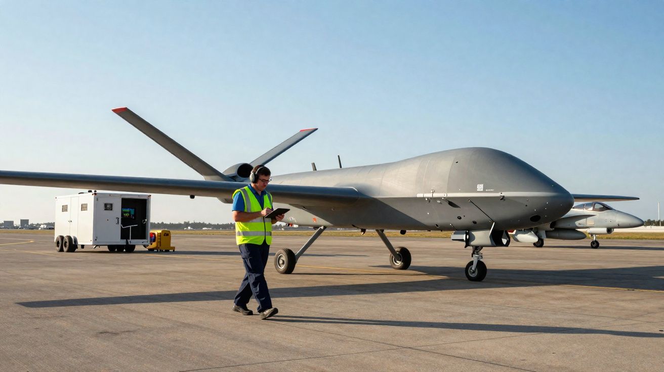 Homem com colete refletor ao lado de drone militar cinzento numa pista de aeroporto ensolarada.